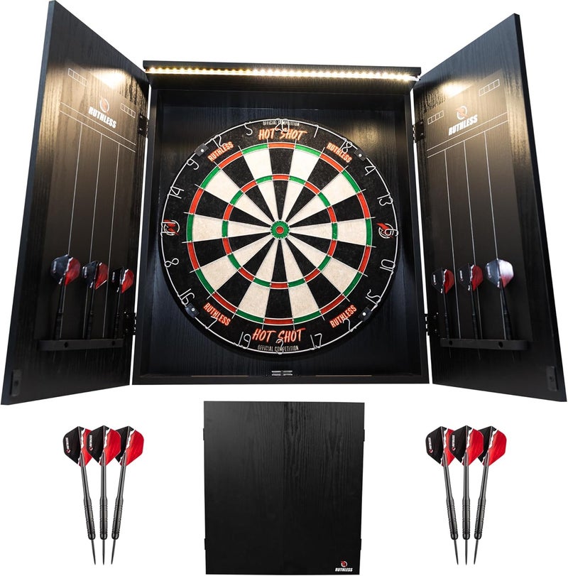 Ruthless Home Darts Centre with or Without LED Light Options | Home Dart Board Centre Including Cabinet, Dartboard and 2 Sets of Darts. - Image 1